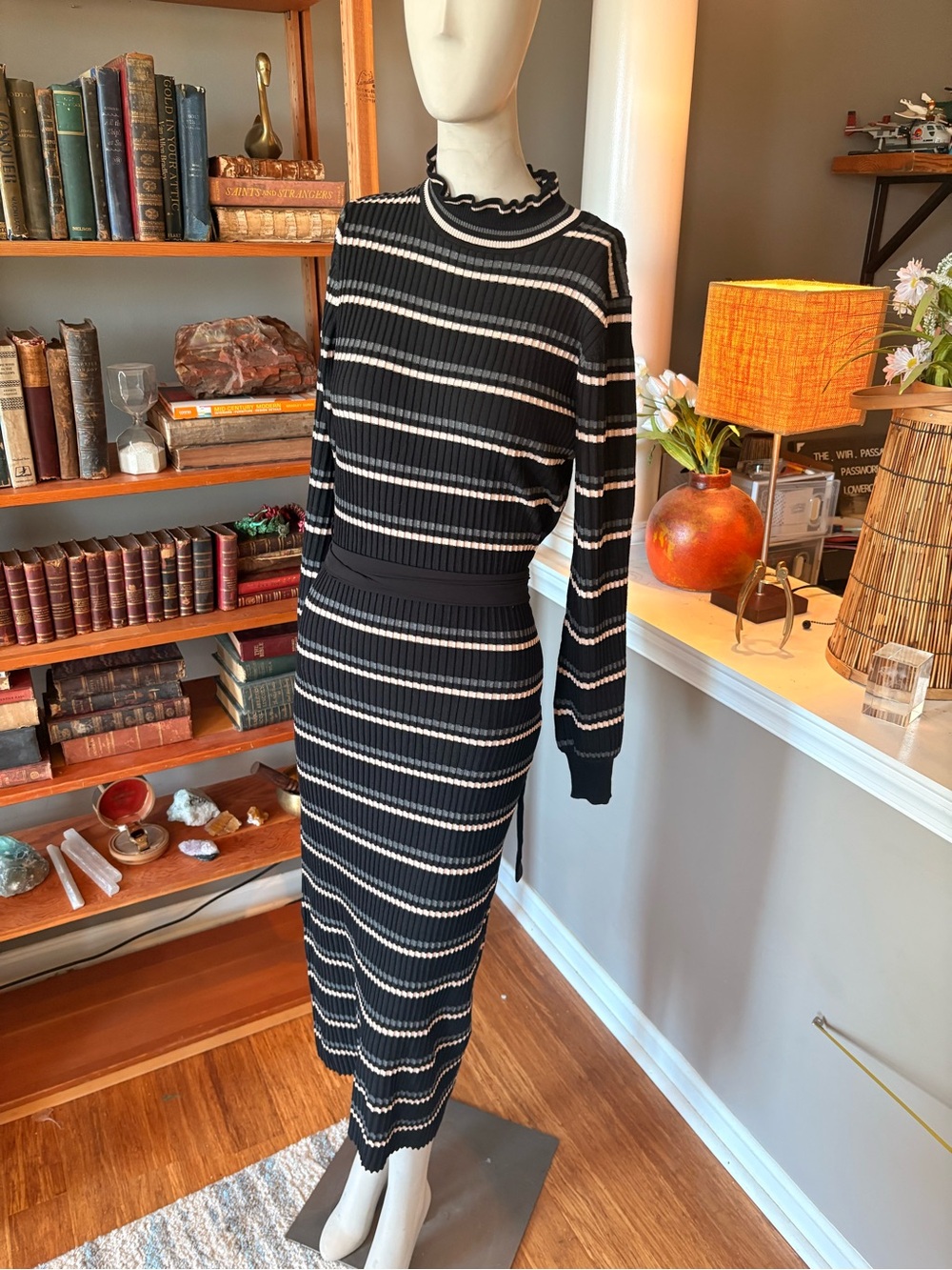 Nanette Lepore Black Striped Long-Sleeve Midi Dress with Belt and Cream Accents